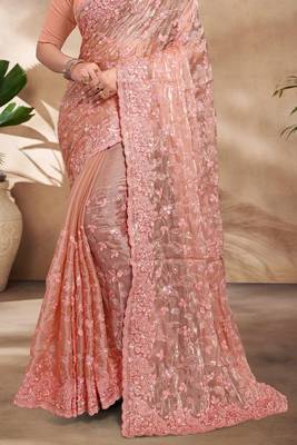 Peach Sequence Resham Embroidered Silk Saree With Matching Blouse Piece 4