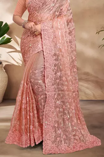 Peach Sequence Resham Embroidered Silk Saree With Matching Blouse Piece