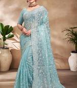 Sky Blue Sequence Resham Embroidered Silk Saree With Matching Blouse Piece