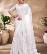 White Sequence Resham Embroidered Silk Saree With Matching Blouse Piece
