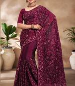Wine Sequence Resham Embroidered Silk Saree With Matching Blouse Piece