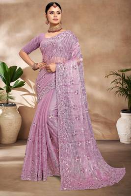 Lavender Sequence Resham Embroidered Silk Saree With Matching Blouse Piece 1