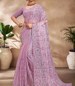 Lavender Sequence Resham Embroidered Silk Saree With Matching Blouse Piece