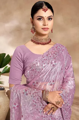 Lavender Sequence Resham Embroidered Silk Saree With Matching Blouse Piece