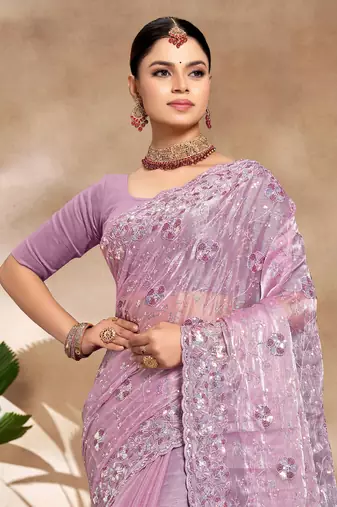 Lavender Sequence Resham Embroidered Silk Saree With Matching Blouse Piece