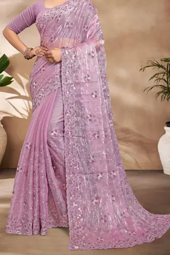 Lavender Sequence Resham Embroidered Silk Saree With Matching Blouse Piece