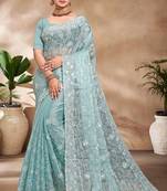 Sky Blue Sequence Resham Embroidered Silk Saree With Matching Blouse Piece