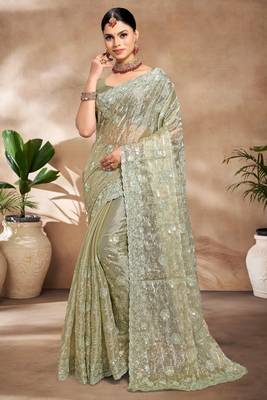 Green Sequence Resham Embroidered Silk Saree With Matching Blouse Piece 1