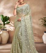 Green Sequence Resham Embroidered Silk Saree With Matching Blouse Piece