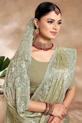 Green Sequence Resham Embroidered Silk Saree With Matching Blouse Piece 2