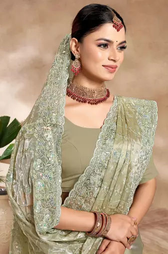 Green Sequence Resham Embroidered Silk Saree With Matching Blouse Piece