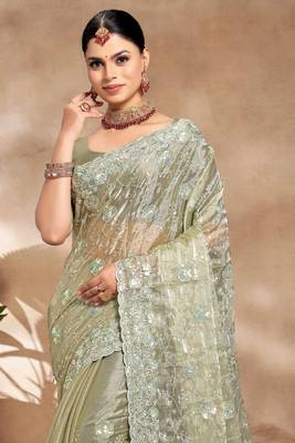 Green Sequence Resham Embroidered Silk Saree With Matching Blouse Piece 3