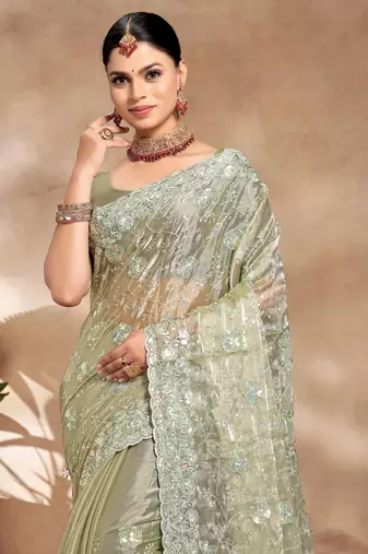 Green Sequence Resham Embroidered Silk Saree With Matching Blouse Piece