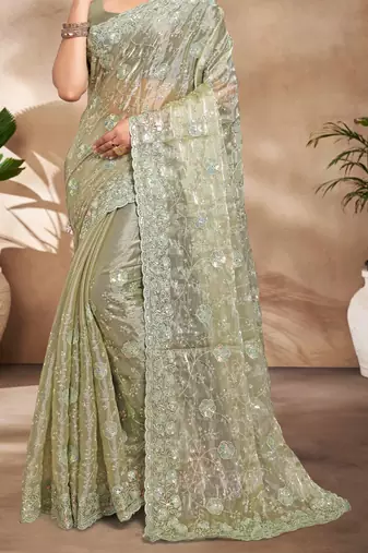 Green Sequence Resham Embroidered Silk Saree With Matching Blouse Piece