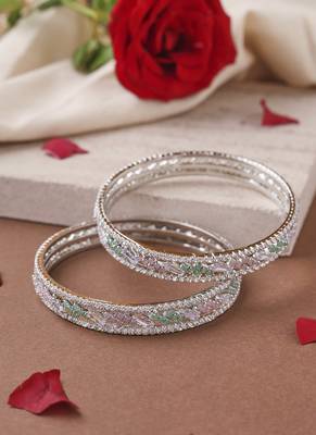 Silver-plated bangles with pink and mint green american diamonds 1