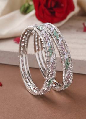 Silver-plated bangles with pink and mint green american diamonds 2