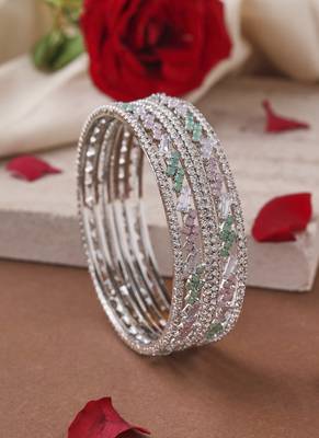 Silver-plated bangles with pink and mint green american diamonds 3