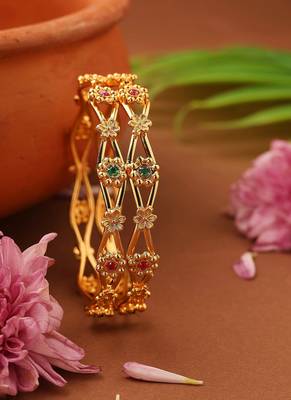 Gold-plated flower-designed stone-studded bangles 1