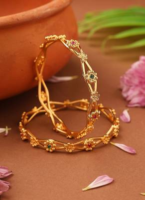 Gold-plated flower-designed stone-studded bangles 2