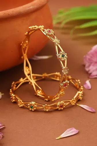 Gold-plated flower-designed stone-studded bangles