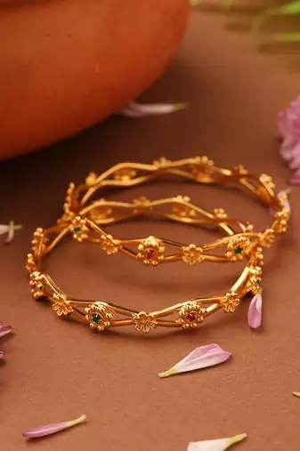 Gold-plated flower-designed stone-studded bangles