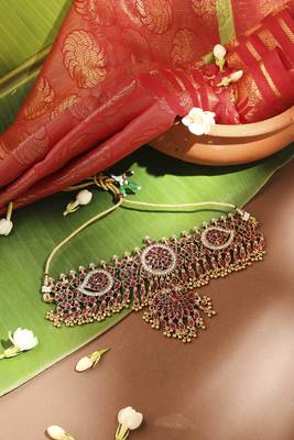 Gold-Plated Stone-Studded Round & Kari Motif Shape Choker Necklace 1