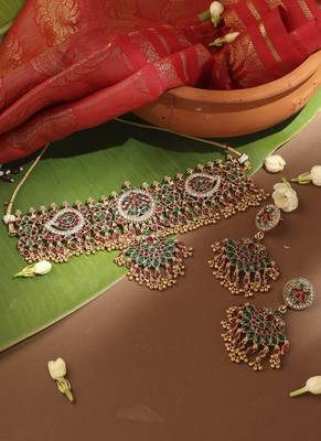 Gold-Plated Stone-Studded Round & Kari Motif Shape Choker Necklace 1
