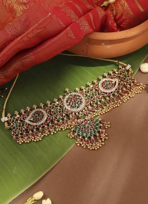 Gold-Plated Stone-Studded Round & Kari Motif Shape Choker Necklace 3