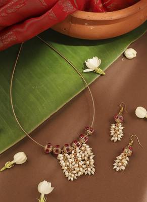 Invisible Necklace Set with Ball Accents and Pearl Danglers 1