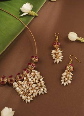 Invisible Necklace Set with Ball Accents and Pearl Danglers 2