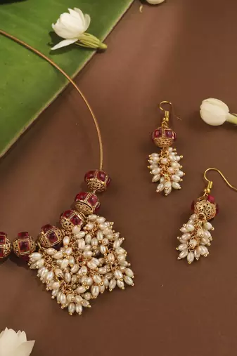 Invisible Necklace Set with Ball Accents and Pearl Danglers