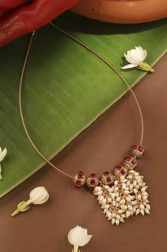 Invisible Necklace Set with Ball Accents and Pearl Danglers