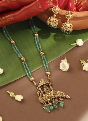 Gold-Plated Green Stone Necklace with Peacock Pendant 1