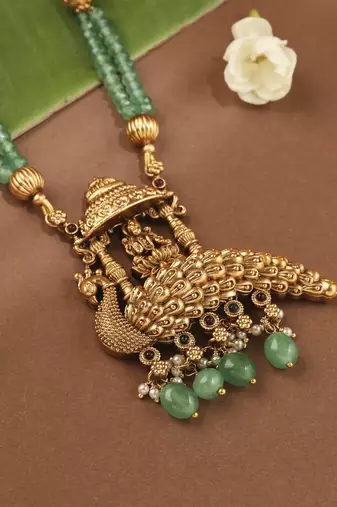 Gold-Plated Green Stone Necklace with Peacock Pendant