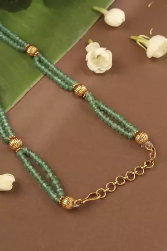 Gold-Plated Green Stone Necklace with Peacock Pendant