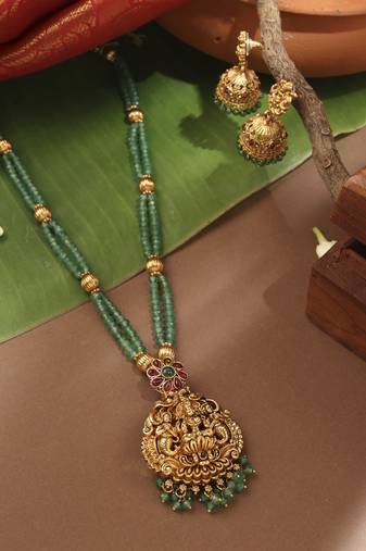 Gold-plated green stone necklace with lakshmi pendant