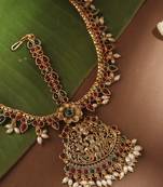 Gold-Plated Temple Style Mata Patti with Red and Green Stone Studding