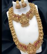 Traditional temple design gold-plated lakshmi long necklace jhumka earrings antique south indian bridal jewelry set