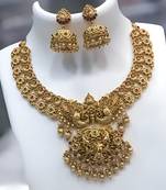 Antique gold-plated peacock design traditional temple choker pearl drops & jhumka earrings necklace jewelry set