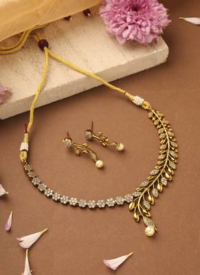 Gold-plated american stone studded necklace with leaf and floral motif design 1