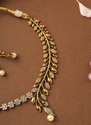 Gold-plated american stone studded necklace with leaf and floral motif design 2
