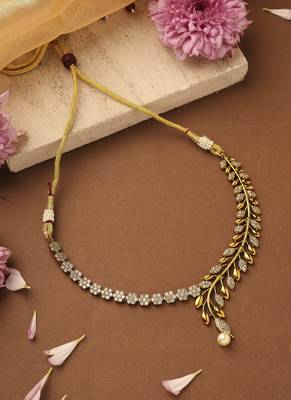 Gold-plated american stone studded necklace with leaf and floral motif design 3