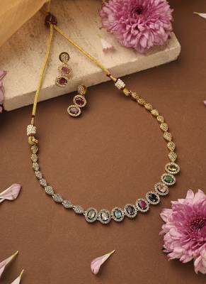 Gold-plated navratan american stone minimal necklace set 1