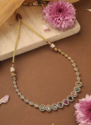 Gold-plated navratan american stone minimal necklace set 2