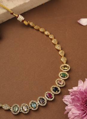 Gold-plated navratan american stone minimal necklace set 3