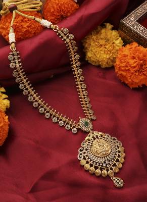 Gold-plated south temple style necklace set with american stone studded lakshmi motif pendant 2