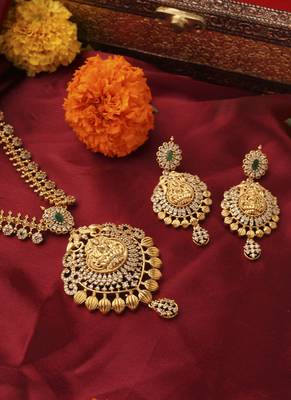 Gold-plated south temple style necklace set with american stone studded lakshmi motif pendant 3