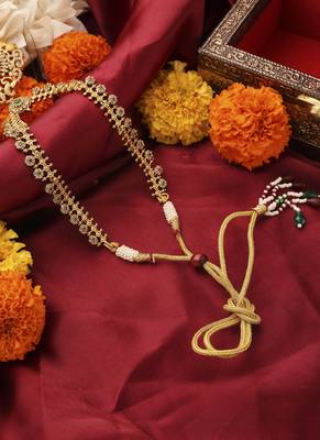 Gold-plated south temple style necklace set with american stone studded lakshmi motif pendant 6