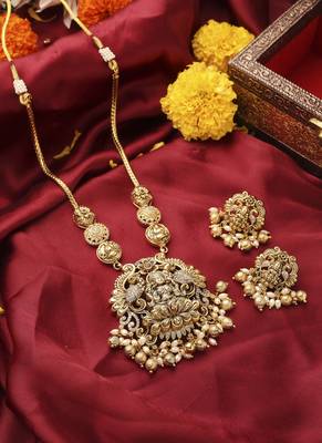 Gold-Plated South Temple Style Necklace Set with American Stone Studded Lakshmi Motif Pendant 1