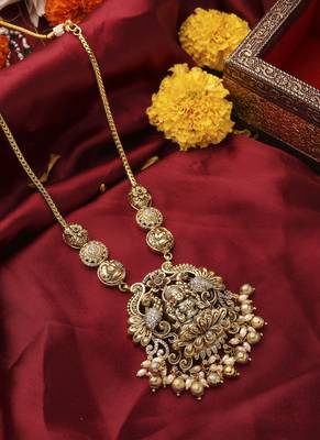 Gold-Plated South Temple Style Necklace Set with American Stone Studded Lakshmi Motif Pendant 2
